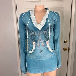 y2K Affliction Womens Top S Cotton Knit Reversible Hoodie Hooded Bell sleeve Y3